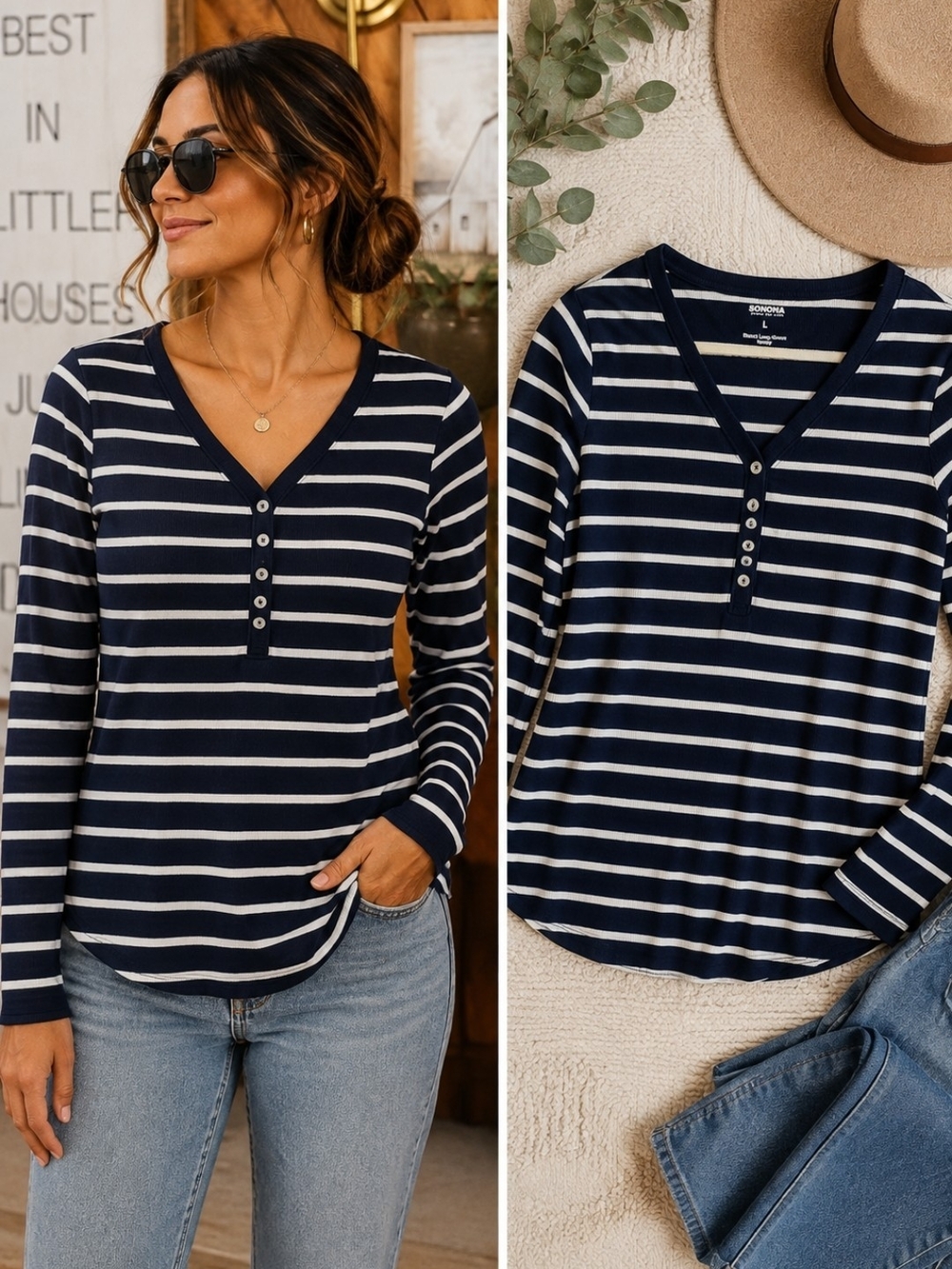 SONOMA Navy Striped Ribbed Henley Long Sleeve L Soft
